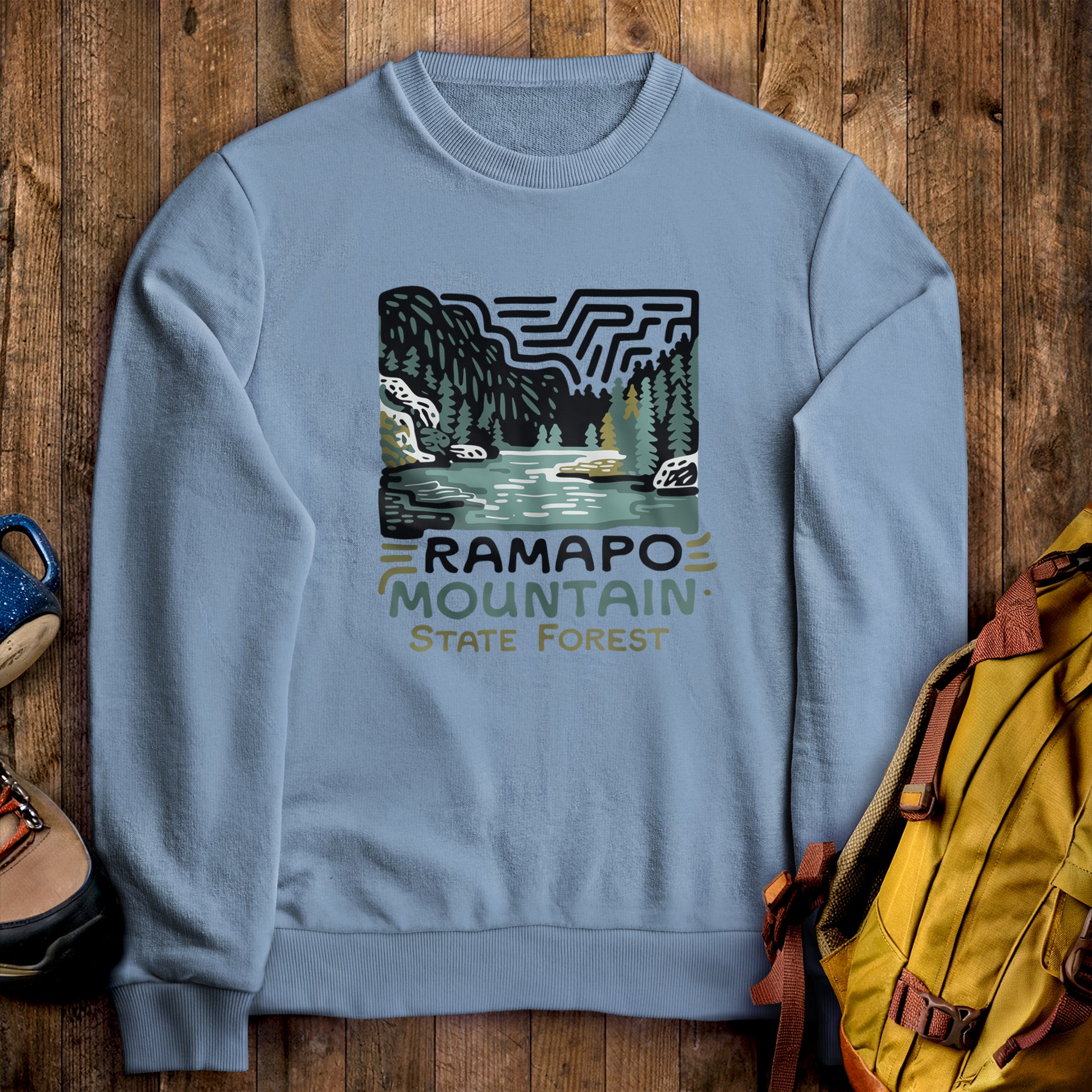 Ramapo Mountain State Forest Crewneck Sweatshirt Stone Blue Adventure and Outdoors Themed Sweatshirt