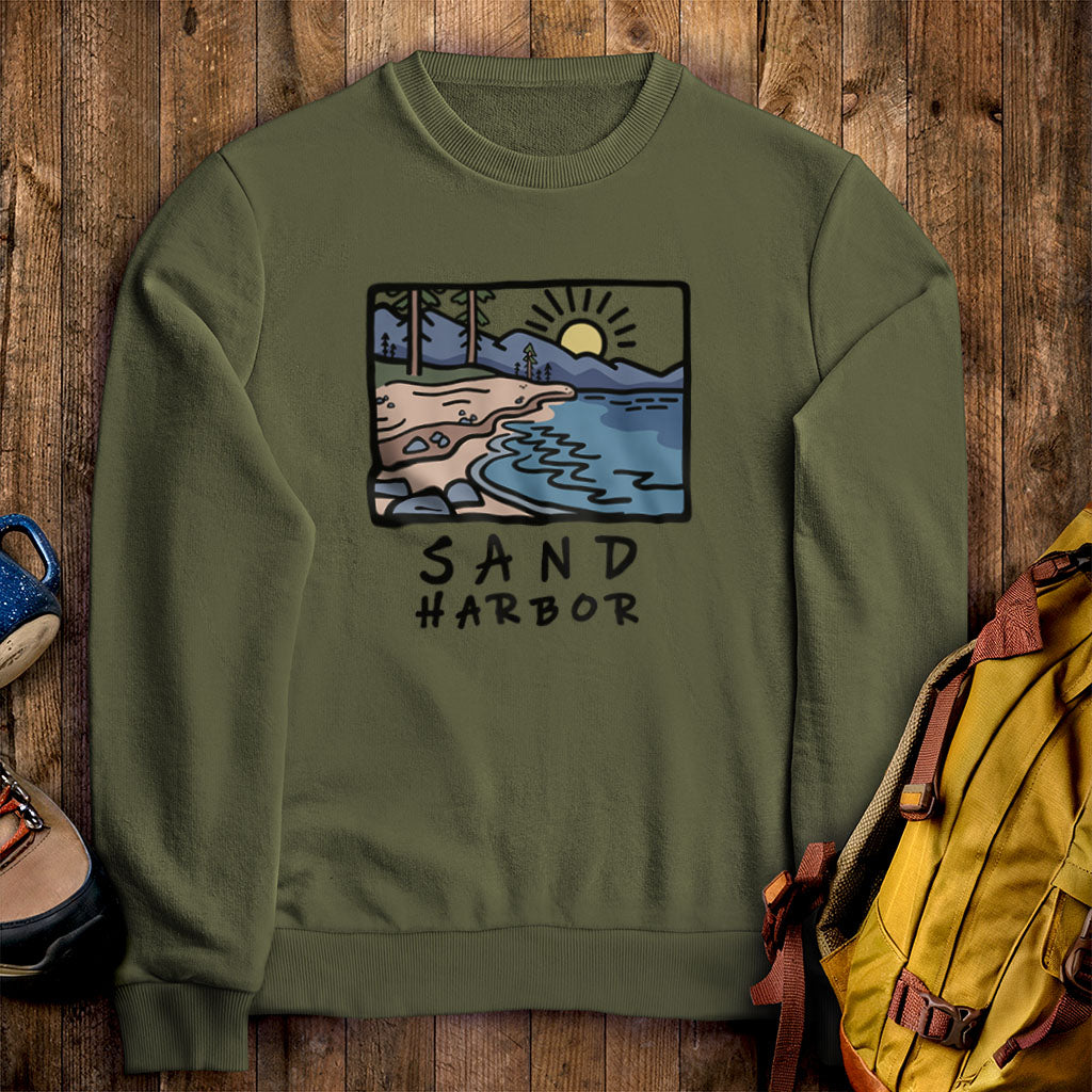 Sand Harbor Crewneck Sweatshirt Military Green Adventure and Outdoors Themed Sweatshirt