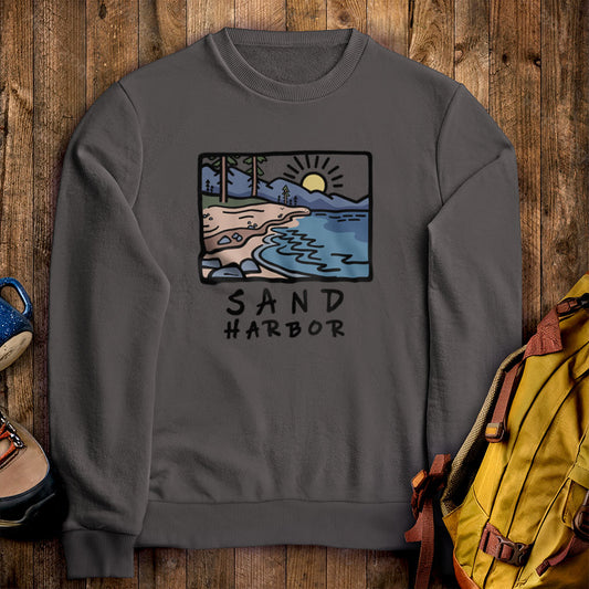 Sand Harbor Crewneck Sweatshirt Charcoal Adventure and Outdoors Themed Sweatshirt