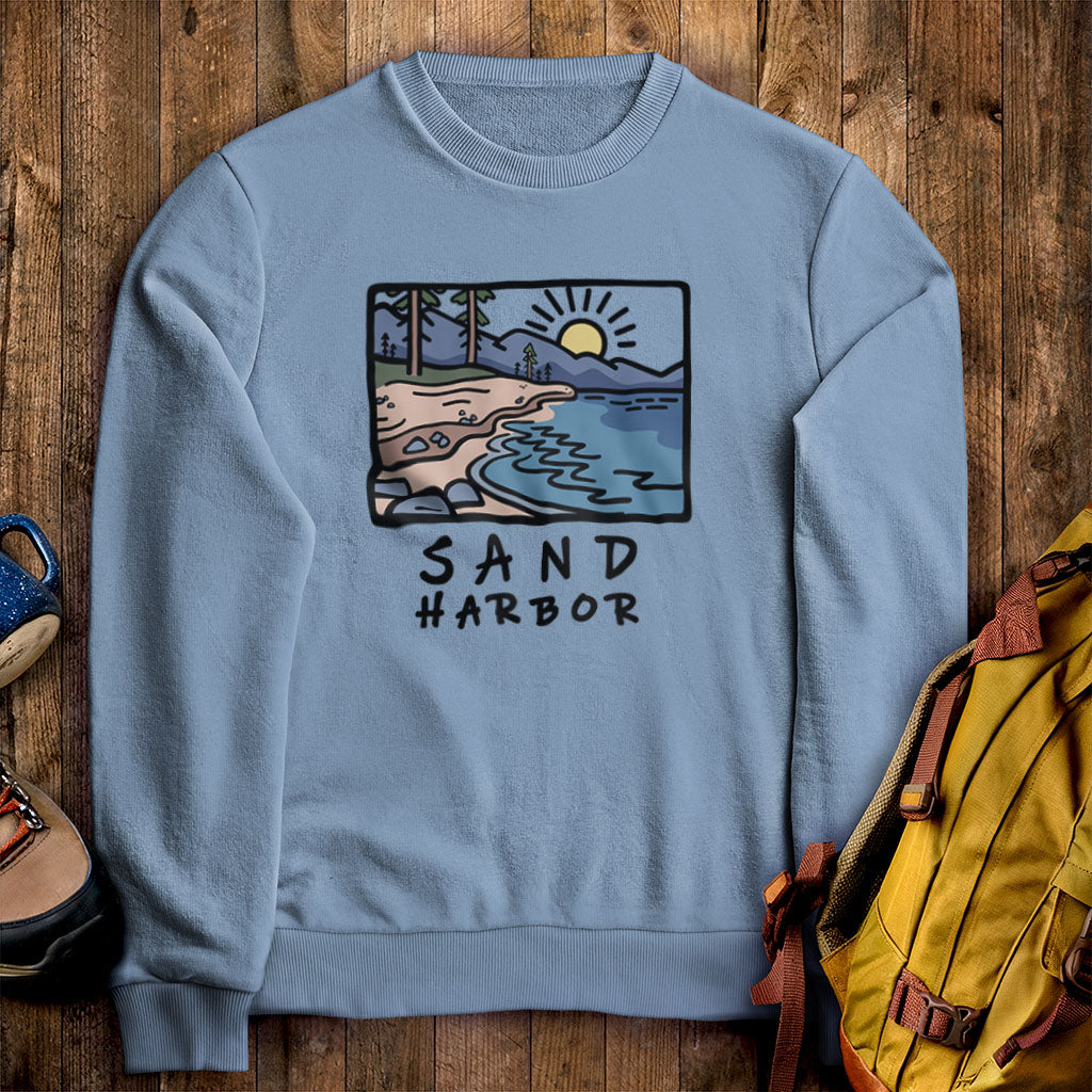 Sand Harbor Crewneck Sweatshirt Stone Blue Adventure and Outdoors Themed Sweatshirt