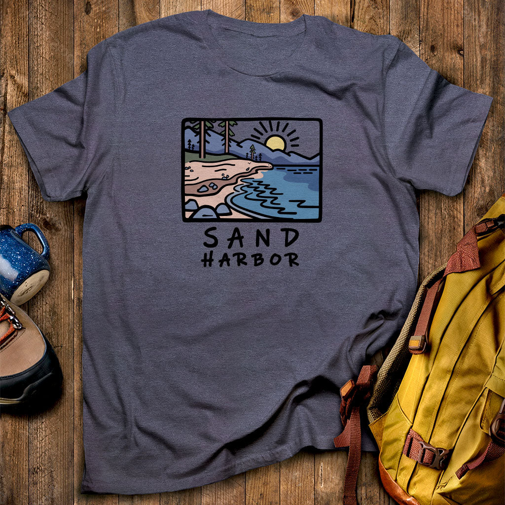 Sand Harbor T-Shirt Heather Navy Adventure and Outdoors Themed T-Shirt
