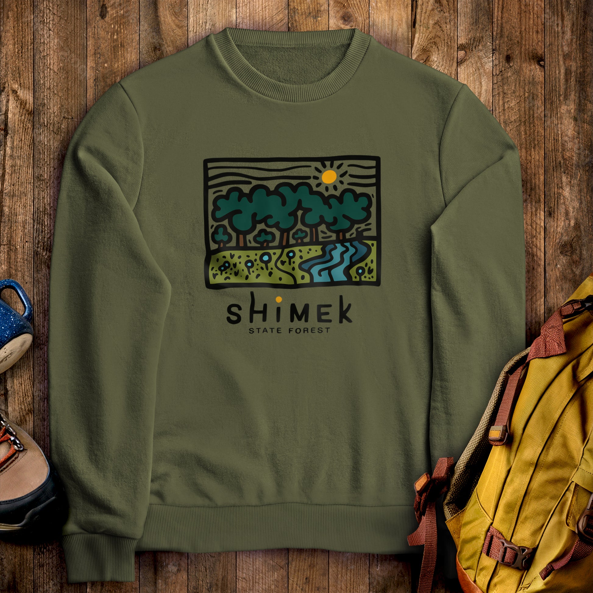 Shimek State Forest Crewneck Sweatshirt Military Green Adventure and Outdoors Themed Sweatshirt