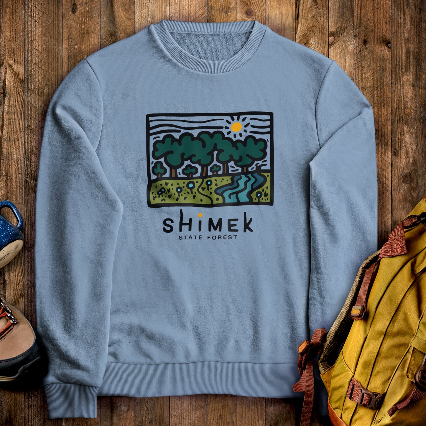 Shimek State Forest Crewneck Sweatshirt Stone Blue Adventure and Outdoors Themed Sweatshirt