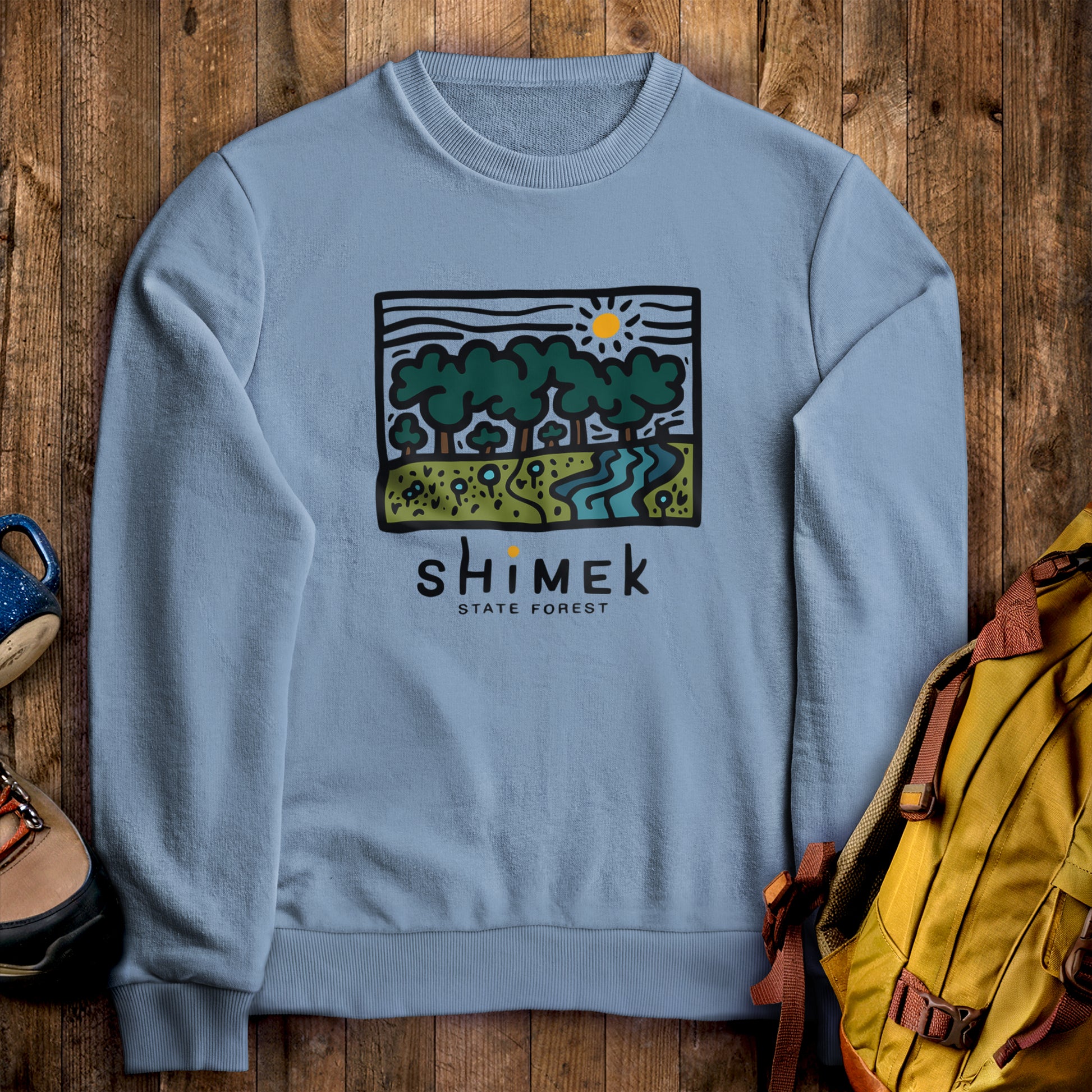 Shimek State Forest Crewneck Sweatshirt Stone Blue Adventure and Outdoors Themed Sweatshirt