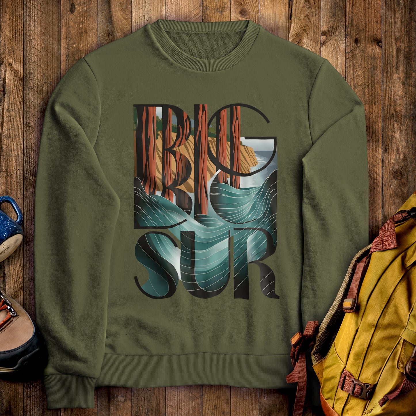 Big Sur State Park Crewneck Sweatshirt Military Green Adventure and Outdoors Themed Sweatshirt