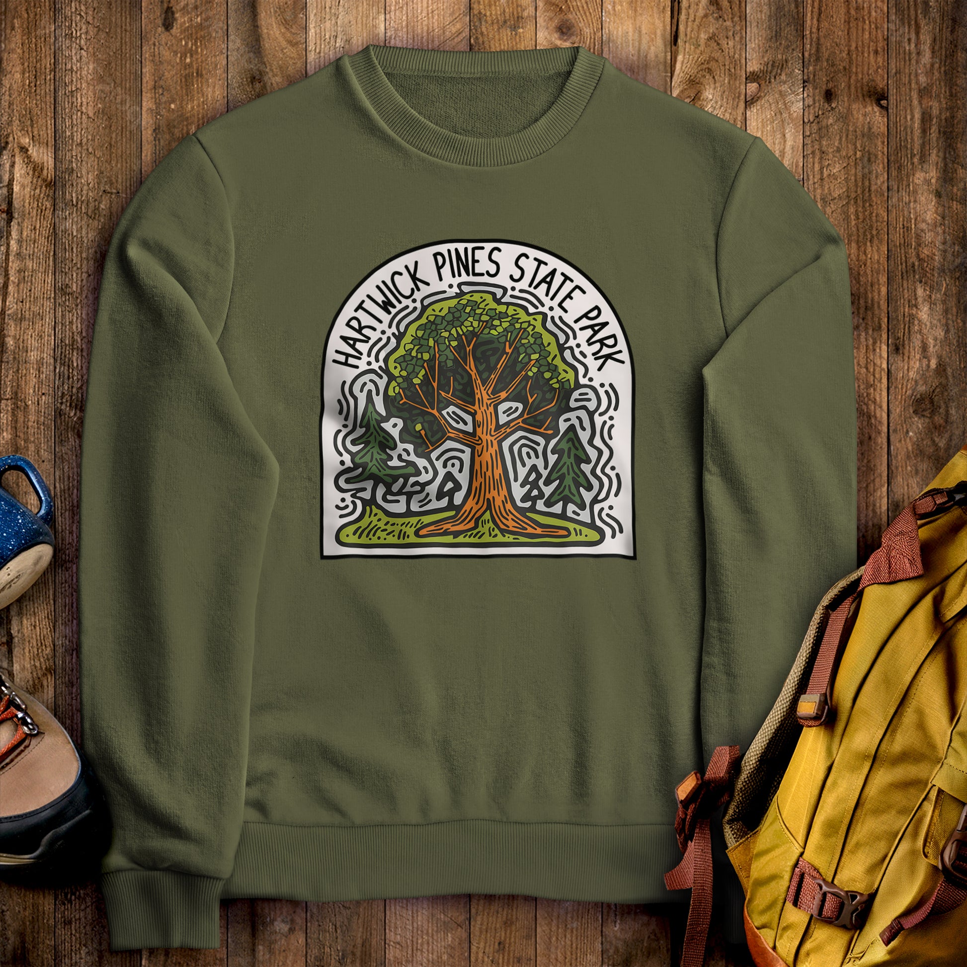 Hartwick Pines State Park Crewneck Sweatshirt Military Green Adventure and Outdoors Themed Sweatshirt