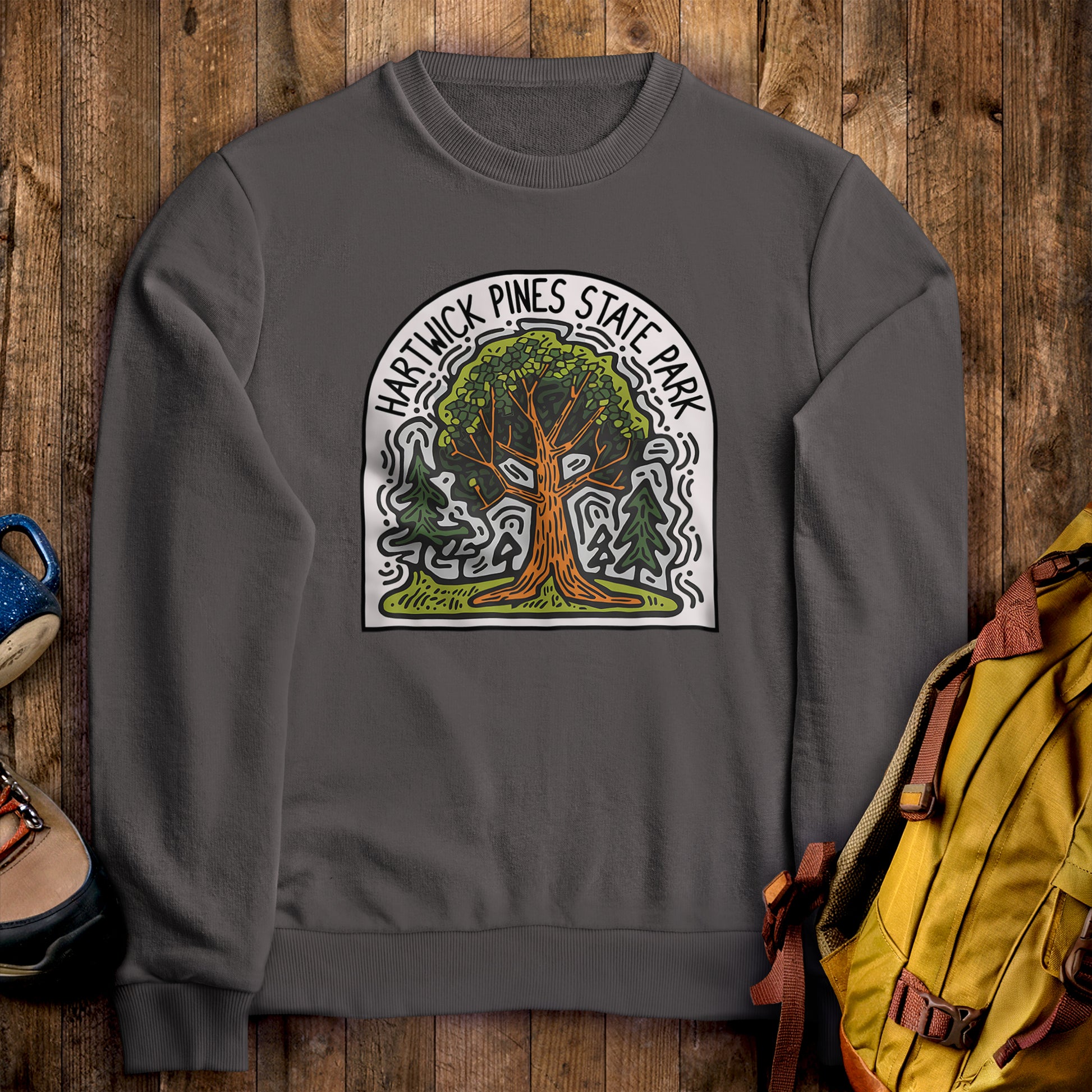 Hartwick Pines State Park Crewneck Sweatshirt Charcoal Adventure and Outdoors Themed Sweatshirt