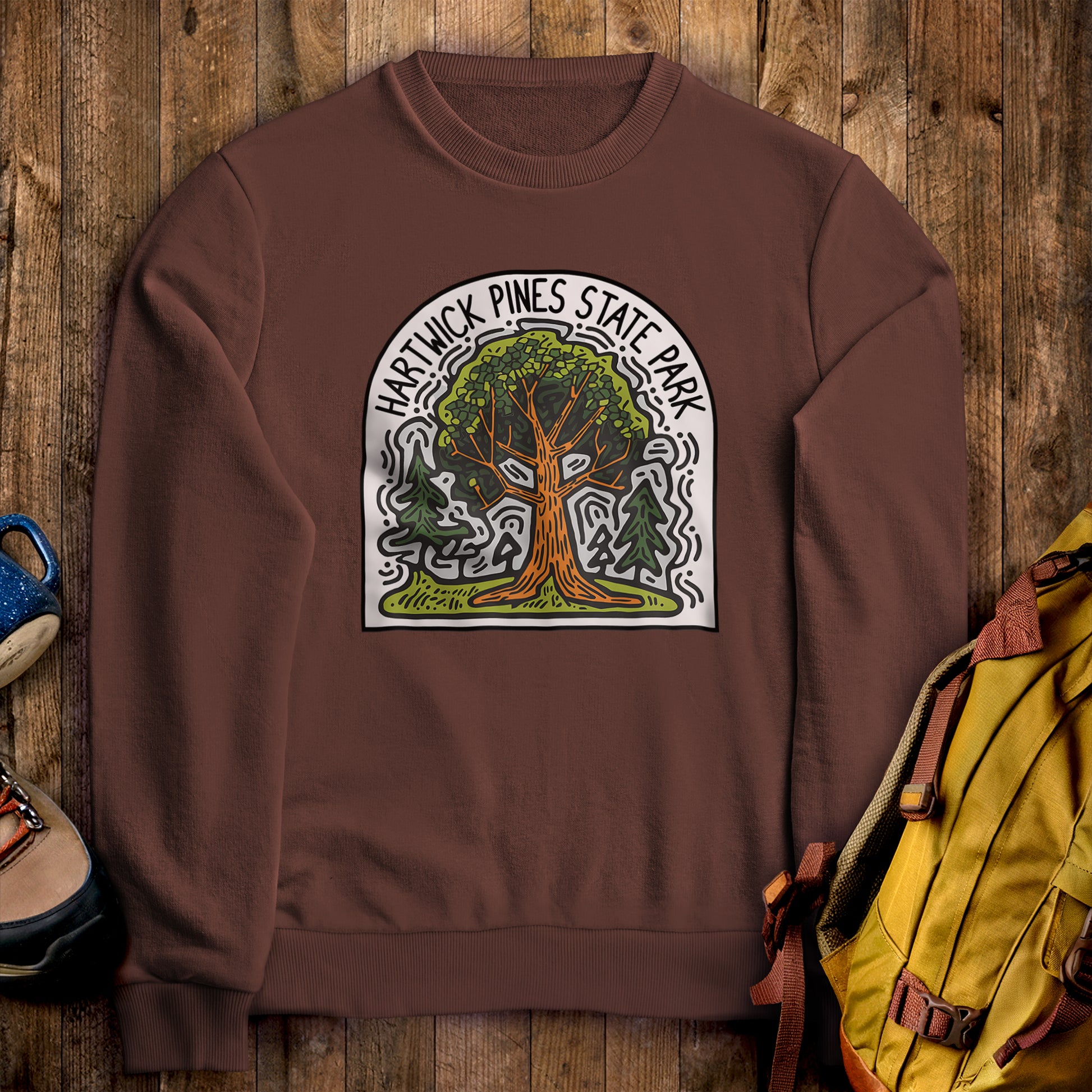 Hartwick Pines State Park Crewneck Sweatshirt Cocoa Adventure and Outdoors Themed Sweatshirt