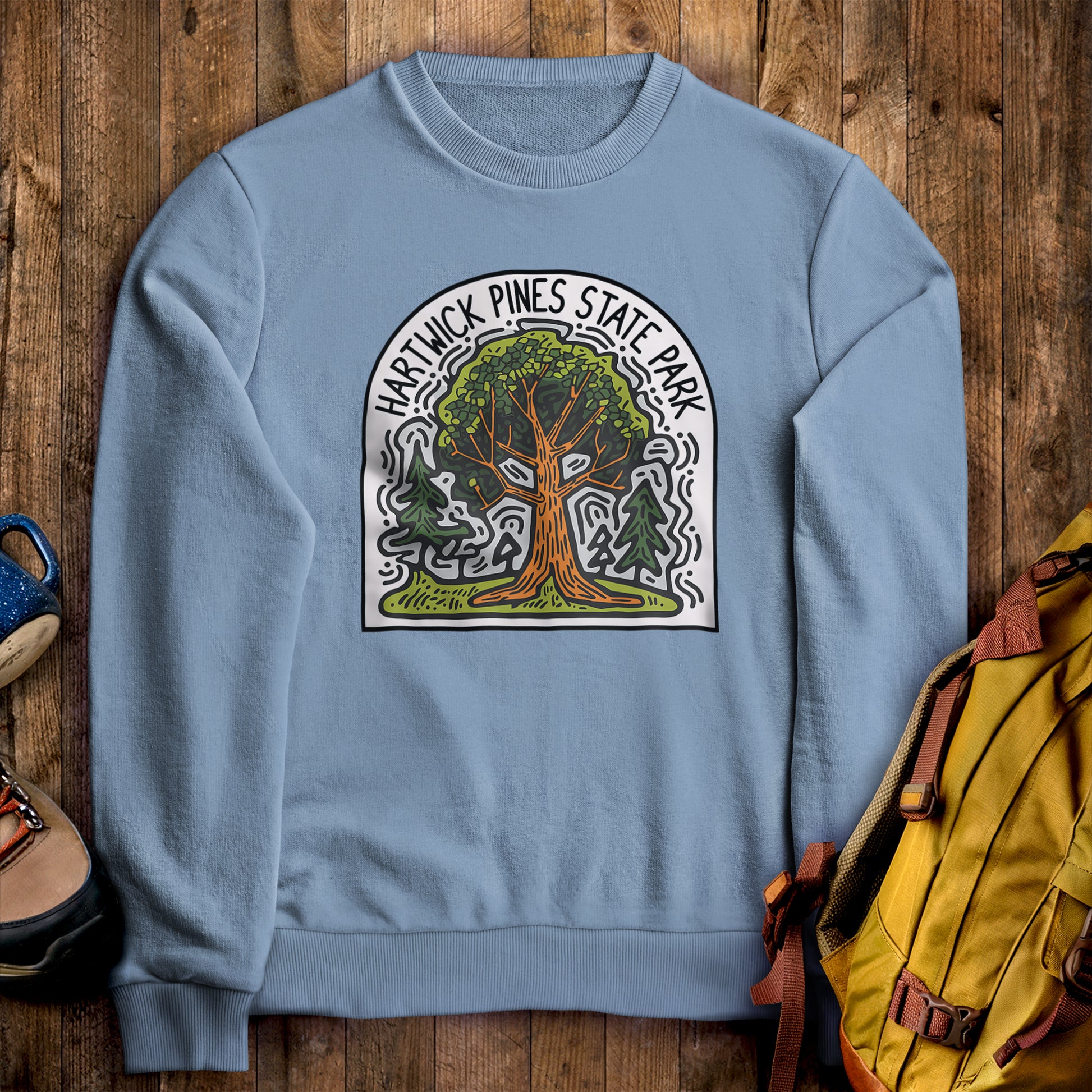 Hartwick Pines State Park Crewneck Sweatshirt Stone Blue Adventure and Outdoors Themed Sweatshirt