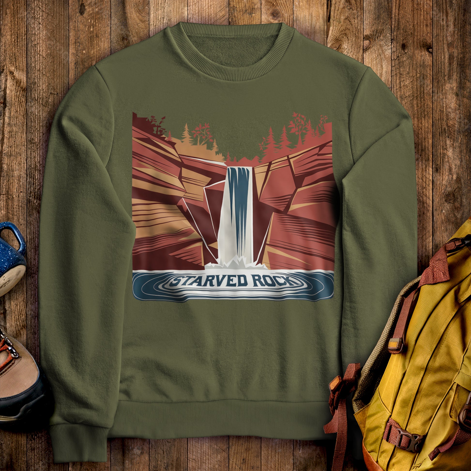 Starved Rock State Park Crewneck Sweatshirt Military Green Adventure and Outdoors Themed Sweatshirt