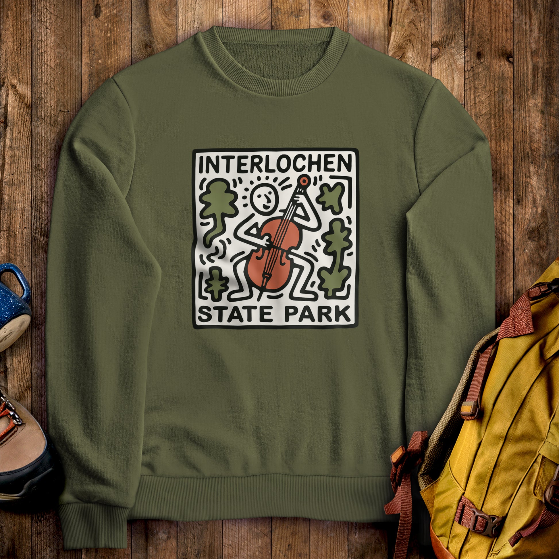 Interlochen State Park Crewneck Sweatshirt Military Green Adventure and Outdoors Themed Sweatshirt