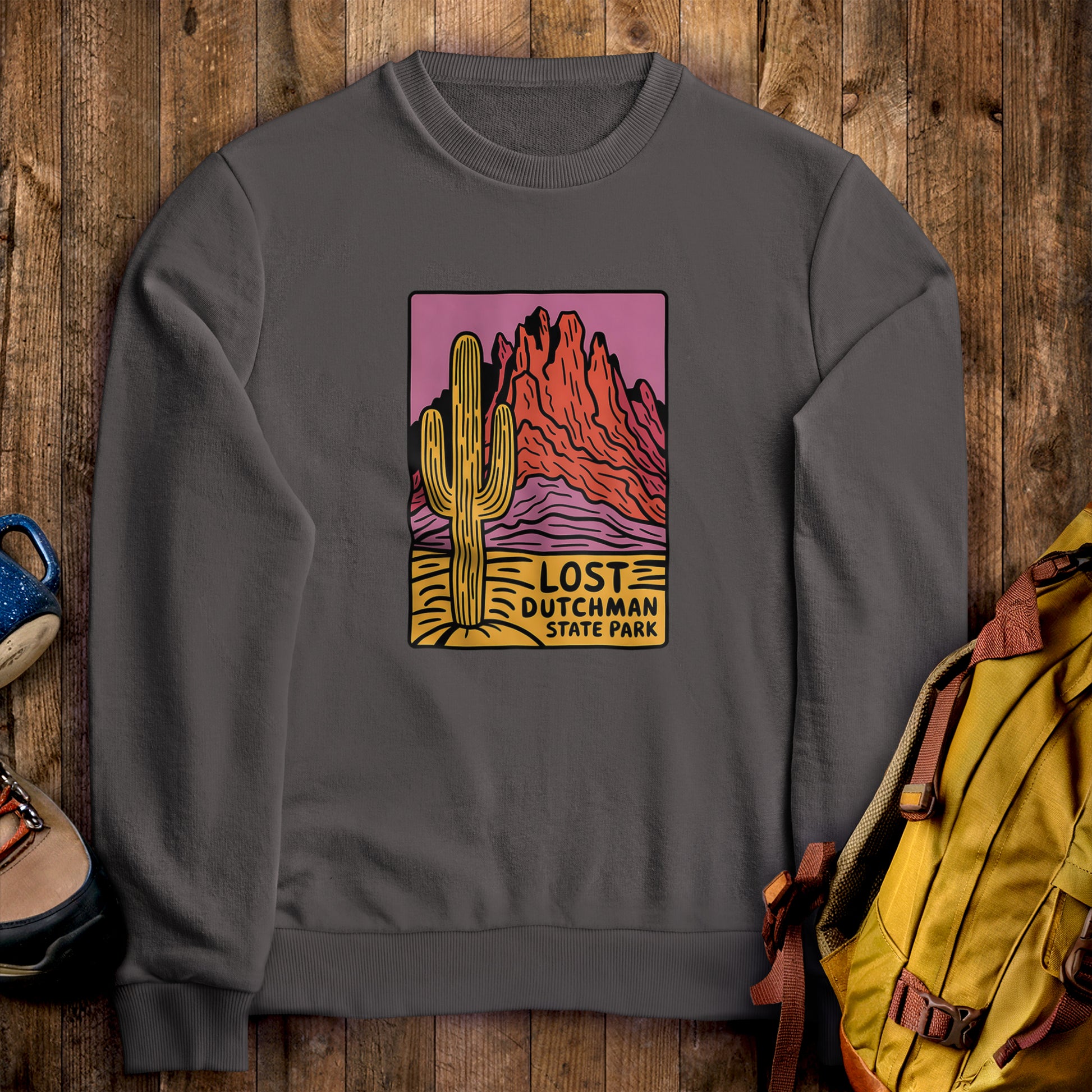 Lost Dutchman State Park Crewneck Sweatshirt Charcoal Adventure and Outdoors Themed Sweatshirt
