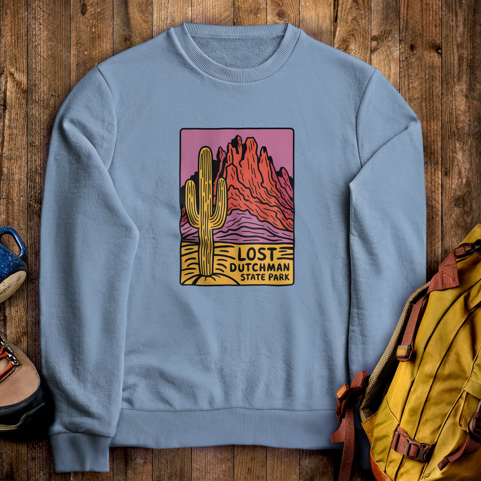 Lost Dutchman State Park Crewneck Sweatshirt Stone Blue Adventure and Outdoors Themed Sweatshirt