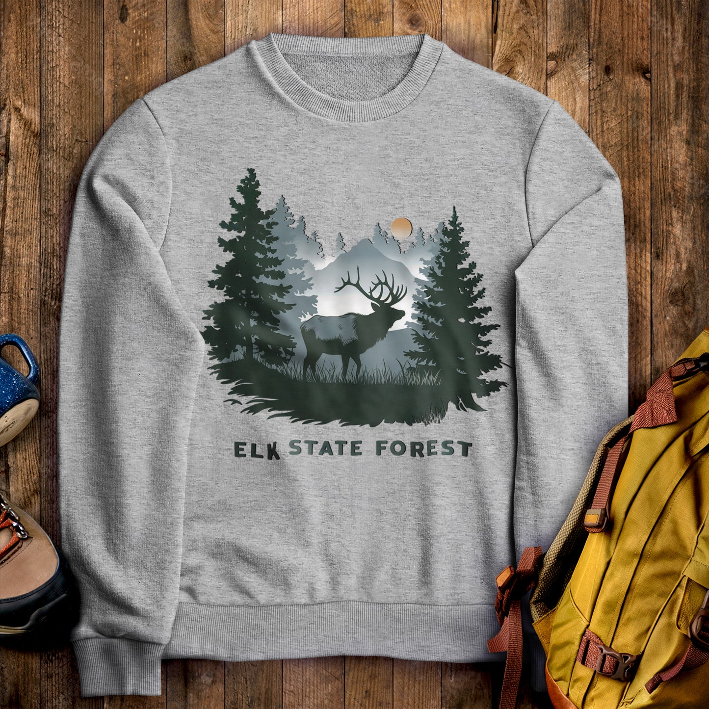 Elk State Forest Crewneck Sweatshirt Sport Grey Adventure and Outdoors Themed Sweatshirt