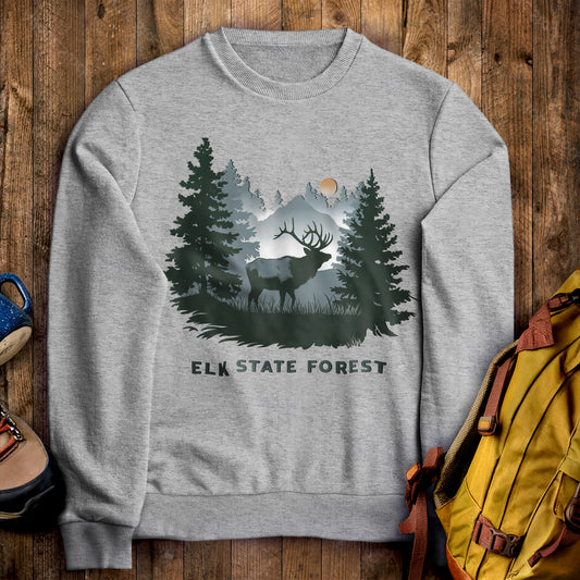 Elk State Forest Crewneck Sweatshirt Sport Grey Adventure and Outdoors Themed Sweatshirt