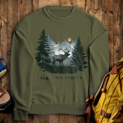 Elk State Forest Crewneck Sweatshirt Military Green Adventure and Outdoors Themed Sweatshirt