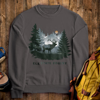Elk State Forest Crewneck Sweatshirt Charcoal Adventure and Outdoors Themed Sweatshirt