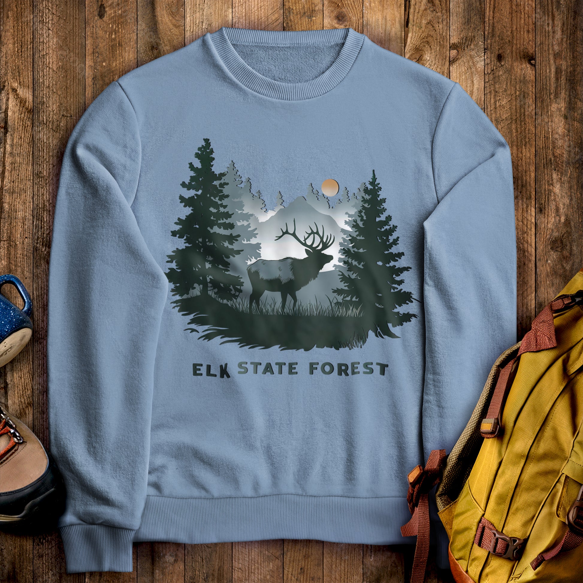 Elk State Forest Crewneck Sweatshirt Stone Blue Adventure and Outdoors Themed Sweatshirt