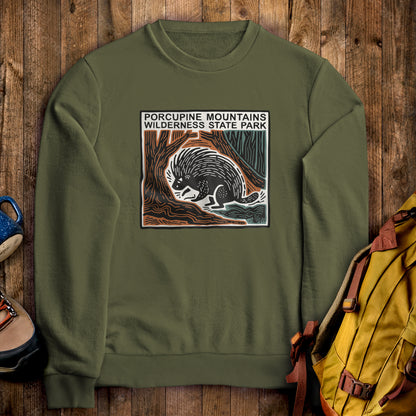 Porcupine Mountains Wilderness State Park Crewneck Sweatshirt Military Green Adventure and Outdoors Themed Sweatshirt