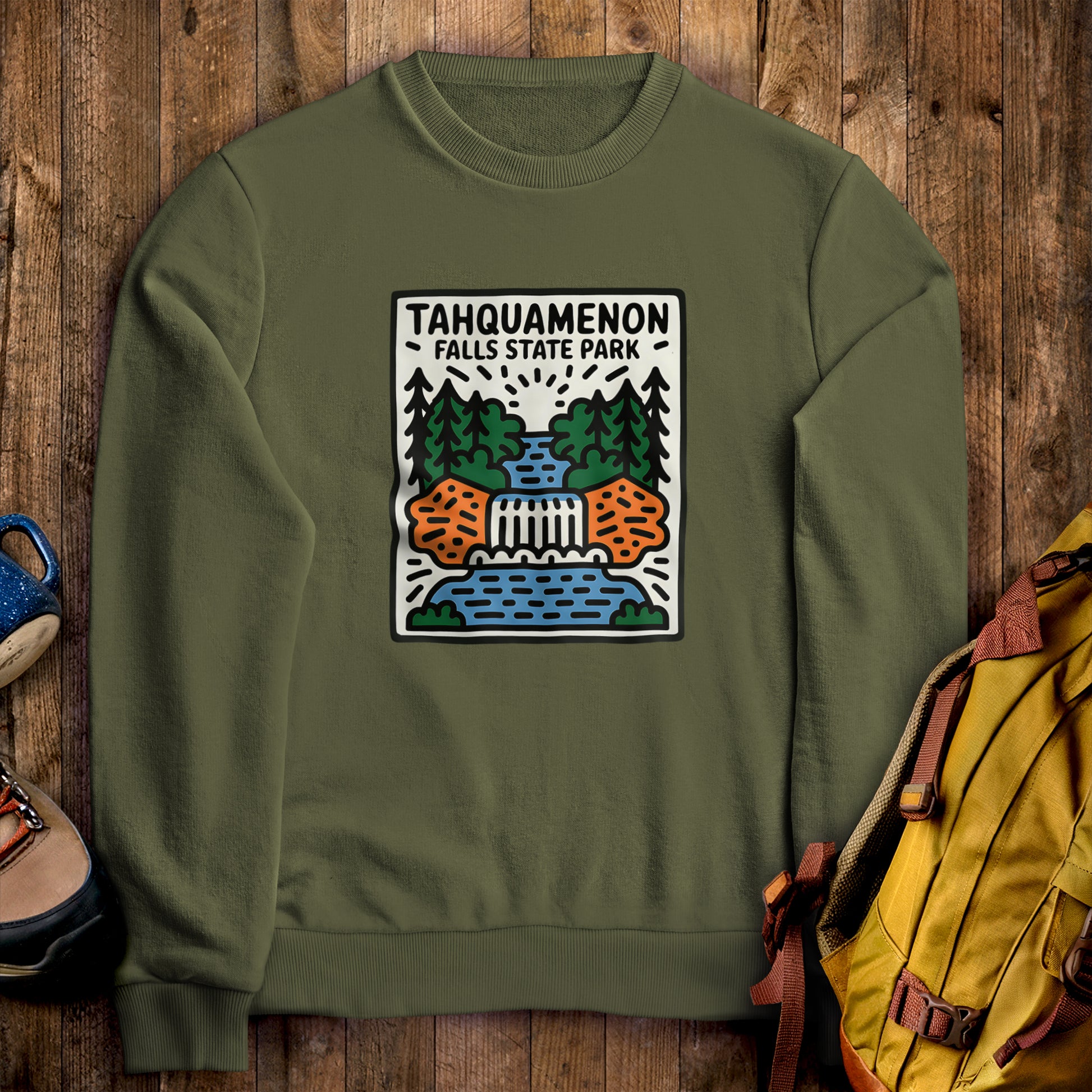 Tahquamenon Falls State Park Crewneck Sweatshirt Military Green Adventure and Outdoors Themed Sweatshirt