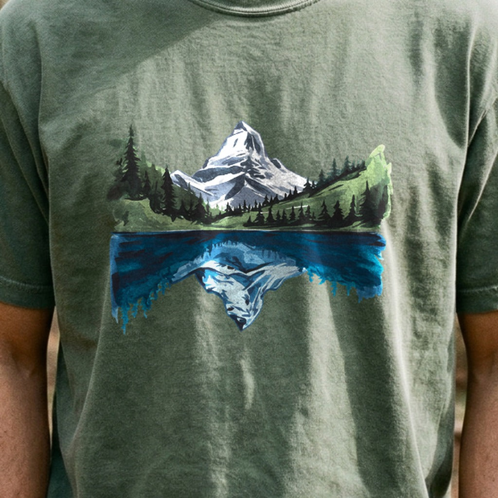 Painted Mountain Lake Reflection Cotton T-Shirt