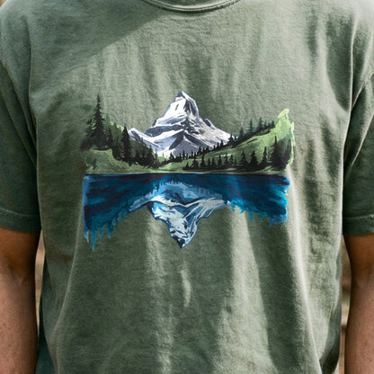 Painted Mountain Lake Reflection Cotton T-Shirt