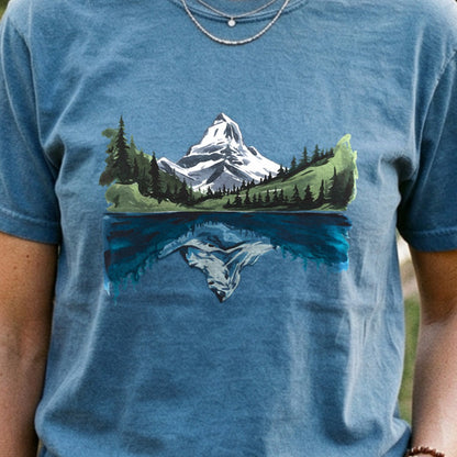 Painted Mountain Lake Reflection Cotton T-Shirt