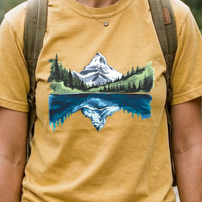 Painted Mountain Lake Reflection Cotton T-Shirt