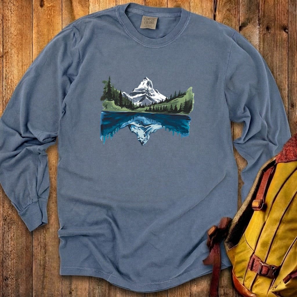 Painted Mountain Lake Reflection Cotton Long Sleeve