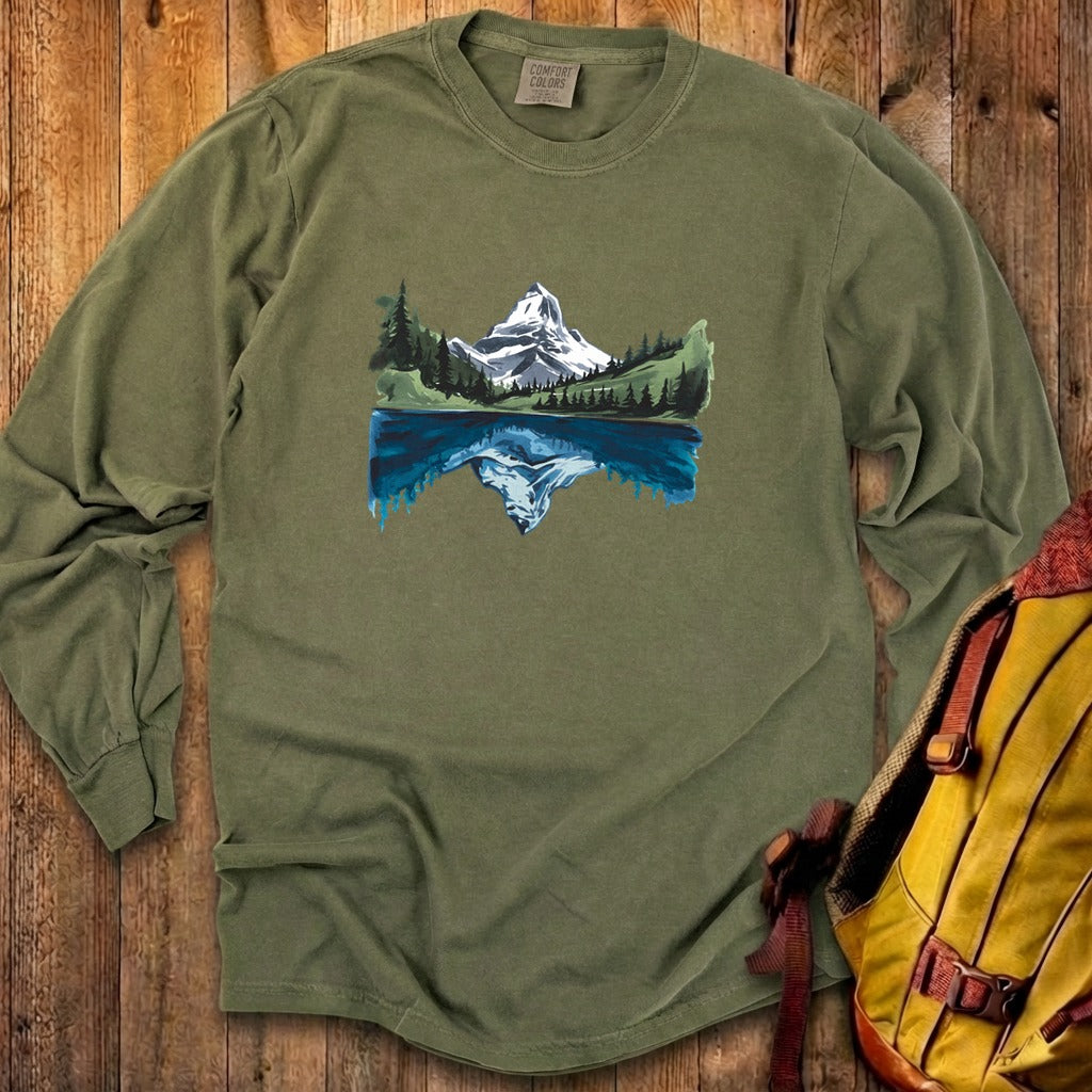 Painted Mountain Lake Reflection Cotton Long Sleeve