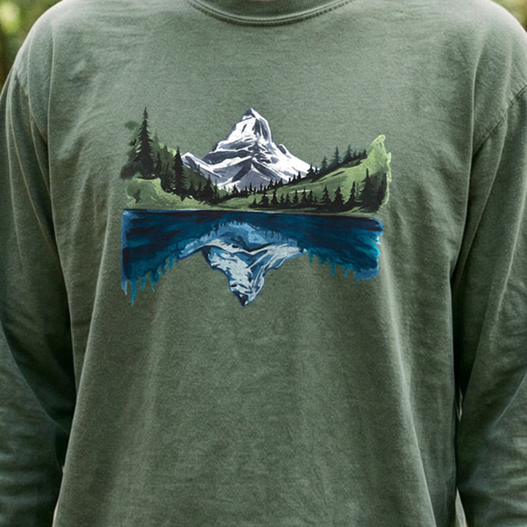 Painted Mountain Lake Reflection Cotton Long Sleeve
