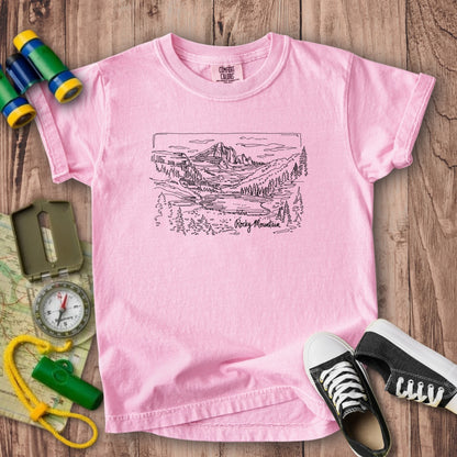 Rocky Mountain Line Drawing Kids Cotton T-Shirt