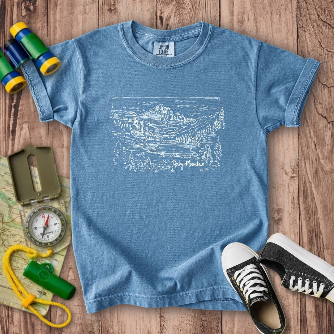 Rocky Mountain Line Drawing Kids Cotton T-Shirt