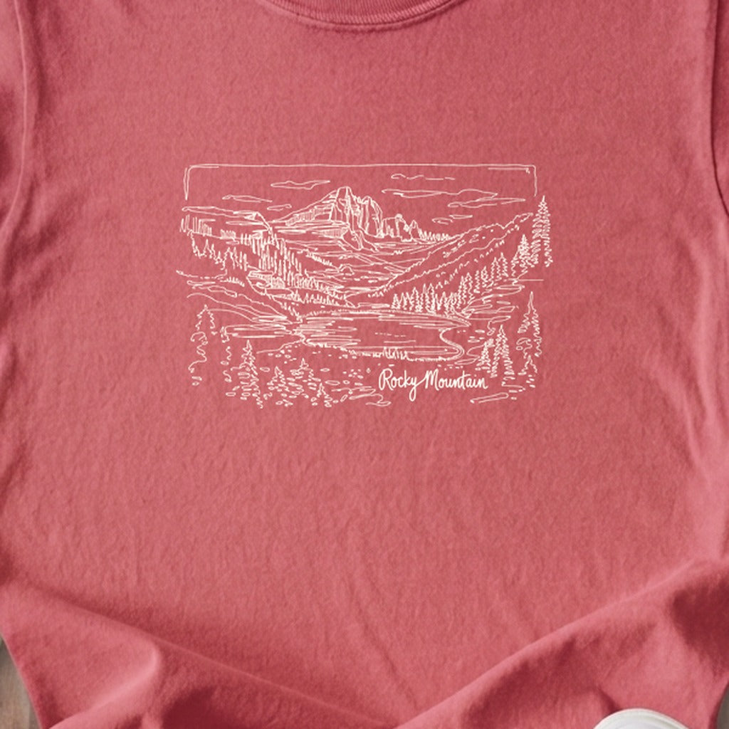 Rocky Mountain Line Drawing Kids Cotton T-Shirt