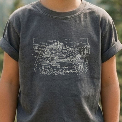 Rocky Mountain Line Drawing Kids Cotton T-Shirt