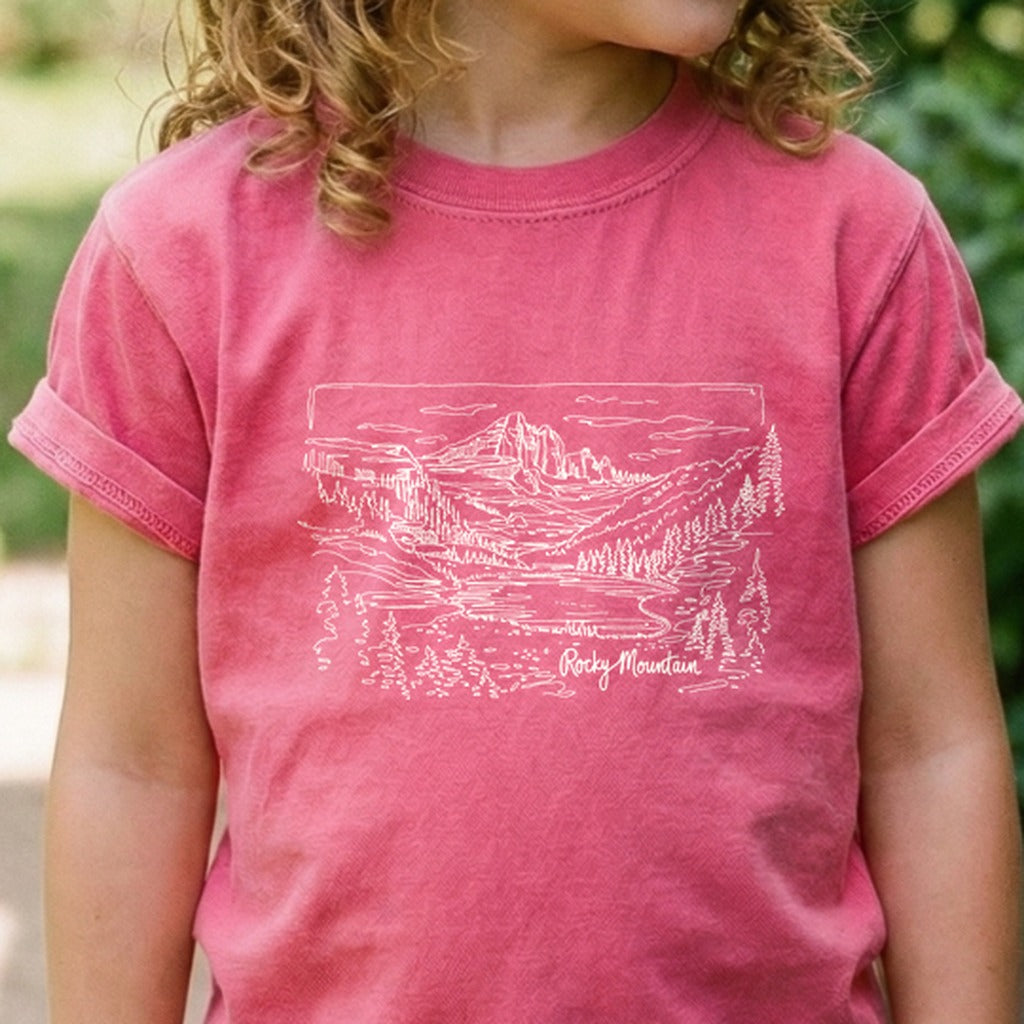 Rocky Mountain Line Drawing Kids Cotton T-Shirt
