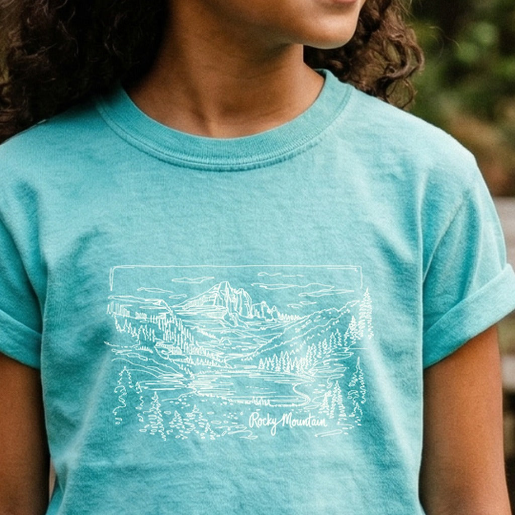 Rocky Mountain Line Drawing Kids Cotton T-Shirt
