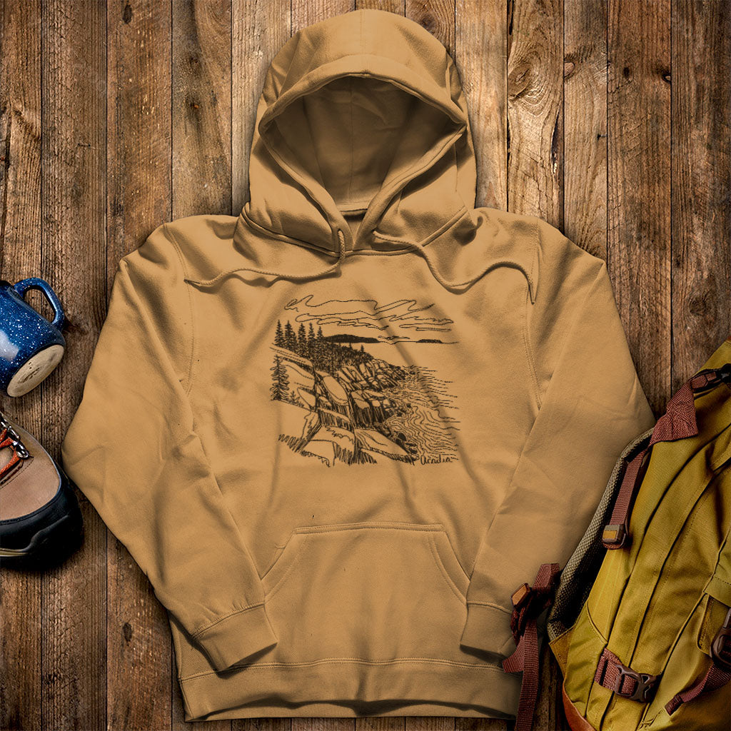 Acadia Line Drawing Hoodie Mustard Adventure and Outdoors Themed Hoodie