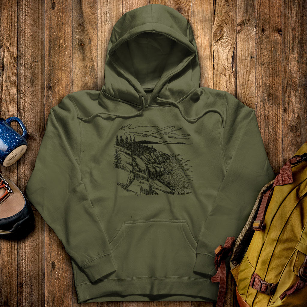 Acadia Line Drawing Hoodie Military Green Adventure and Outdoors Themed Hoodie