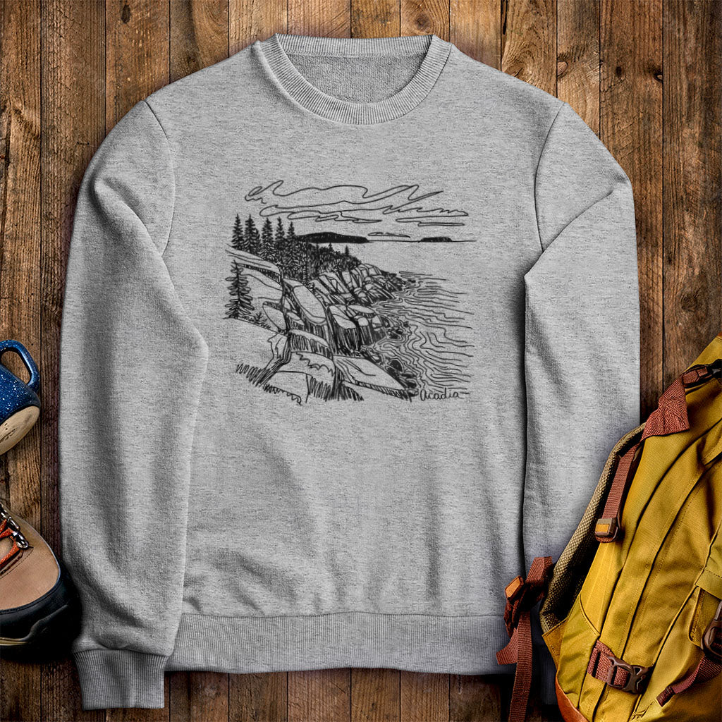 Acadia Line Drawing Crewneck Sweatshirt Sport Grey Adventure and Outdoors Themed Sweatshirt