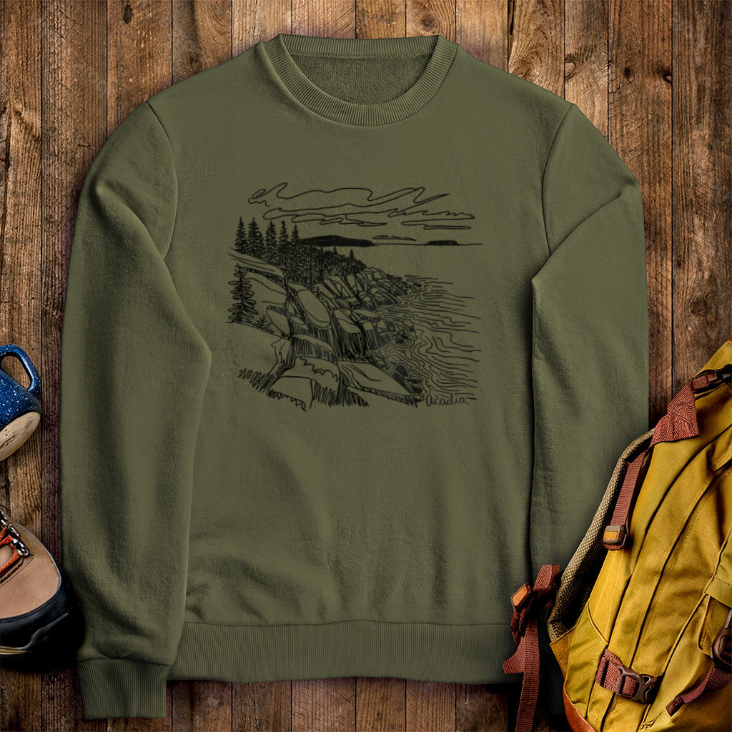 Acadia Line Drawing Crewneck Sweatshirt Military Green Adventure and Outdoors Themed Sweatshirt