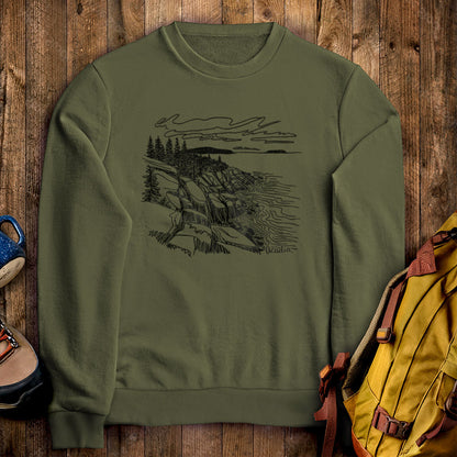 Acadia Line Drawing Crewneck Sweatshirt Military Green Adventure and Outdoors Themed Sweatshirt