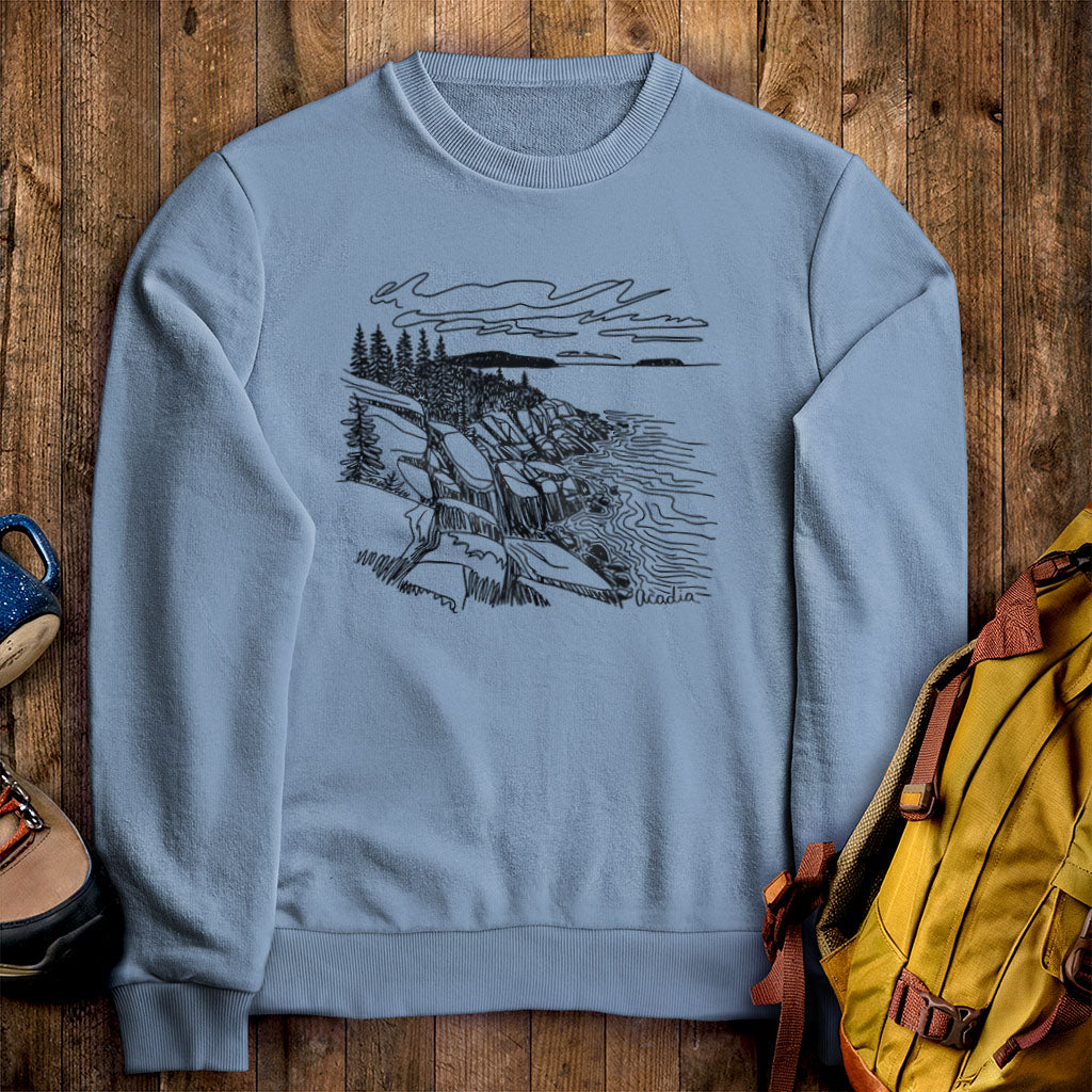 Acadia Line Drawing Crewneck Sweatshirt Stone Blue Adventure and Outdoors Themed Sweatshirt