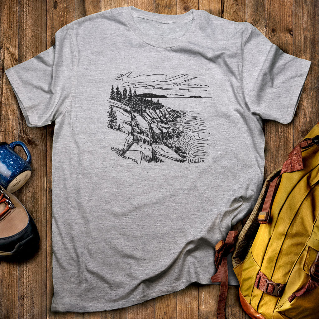 Acadia Line Drawing T-Shirt Sport Grey Adventure and Outdoors Themed T-Shirt