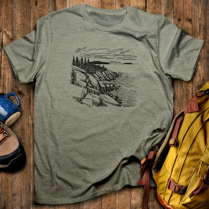 Acadia Line Drawing T-Shirt Heather Military Green Adventure and Outdoors Themed T-Shirt