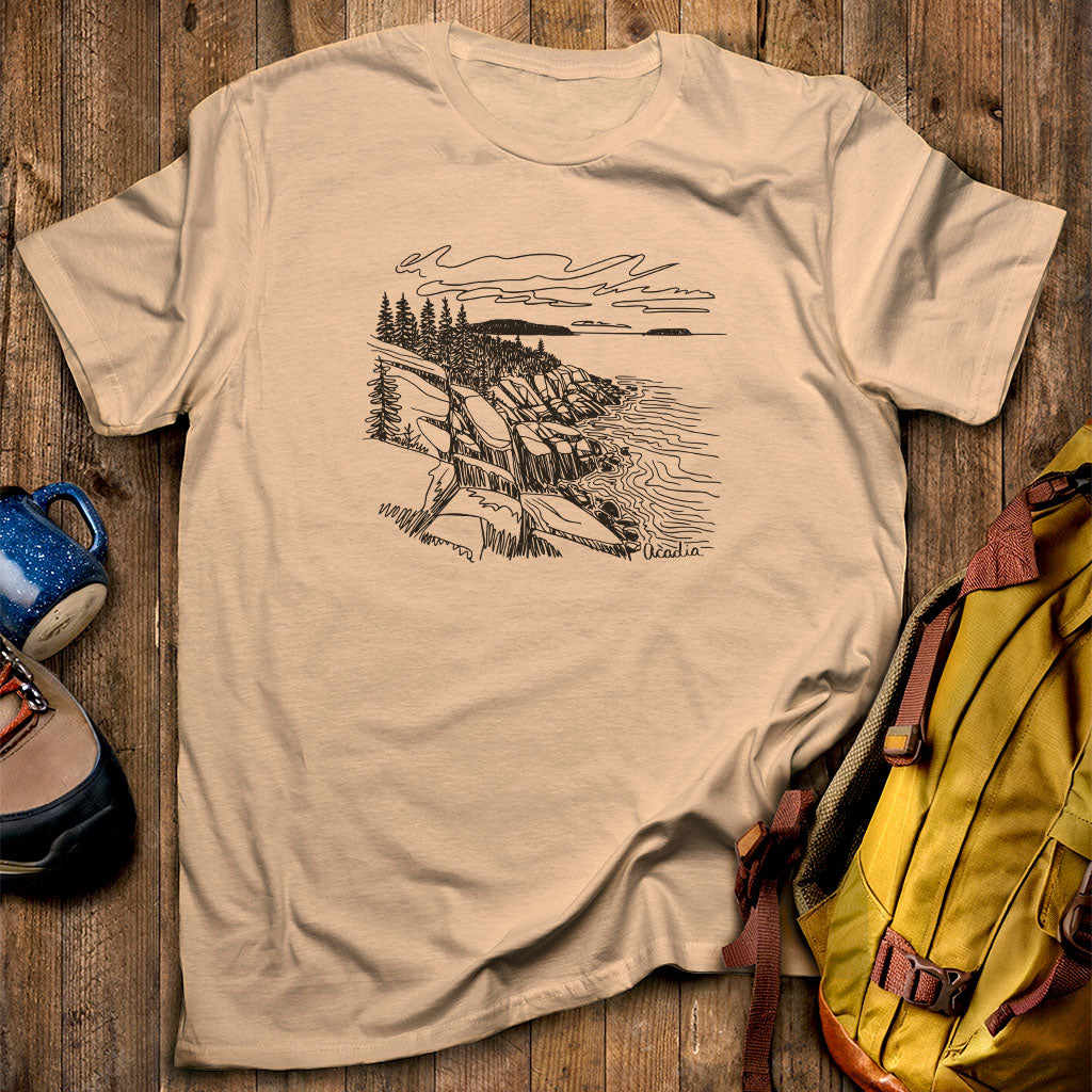 Acadia Line Drawing T-Shirt Sand Adventure and Outdoors Themed T-Shirt