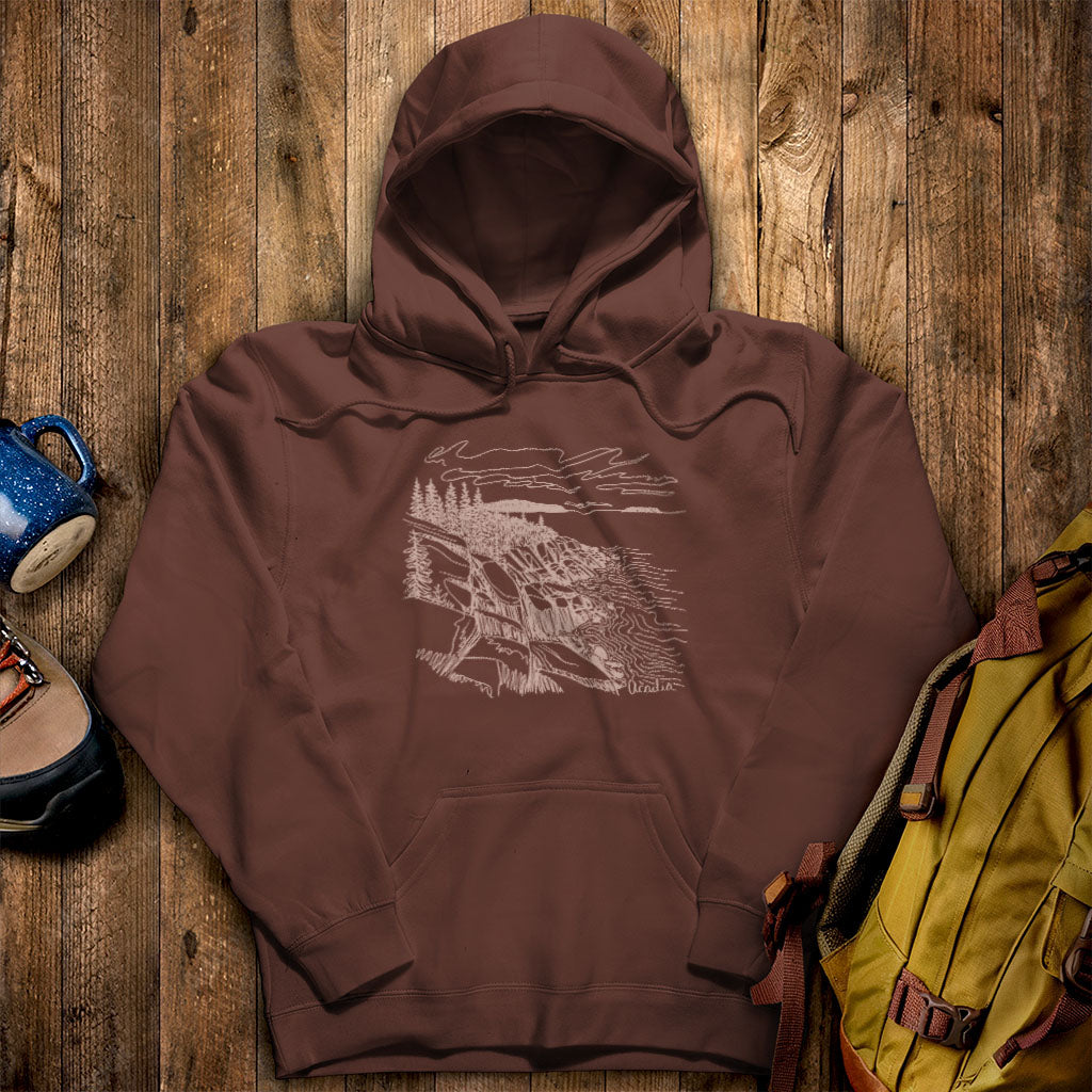 Acadia Line Drawing Hoodie Cocoa Adventure and Outdoors Themed Hoodie