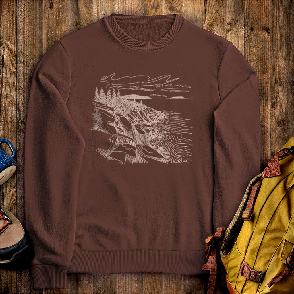 Acadia Line Drawing Crewneck Sweatshirt Cocoa Adventure and Outdoors Themed Sweatshirt