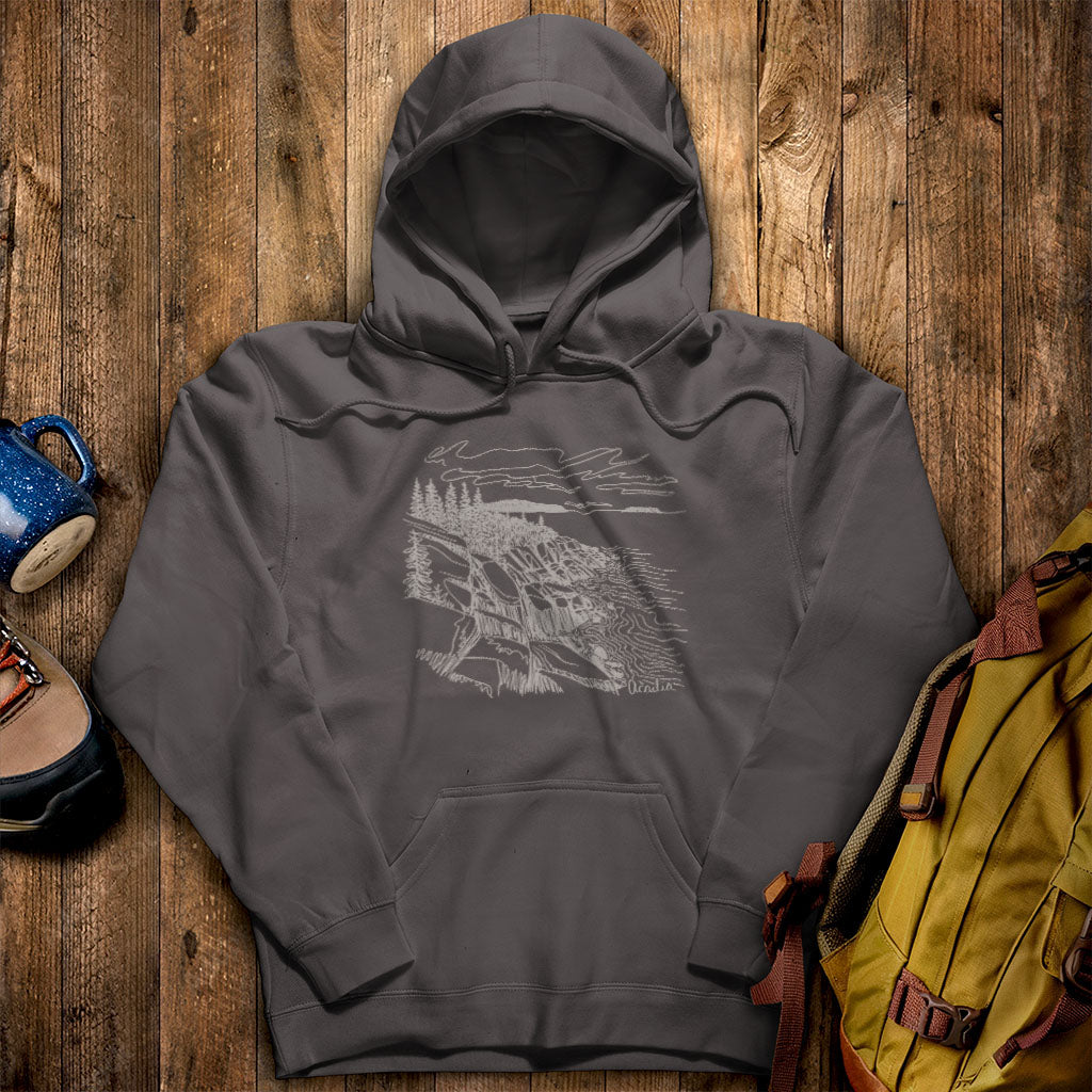 Acadia Line Drawing Hoodie Charcoal Adventure and Outdoors Themed Hoodie