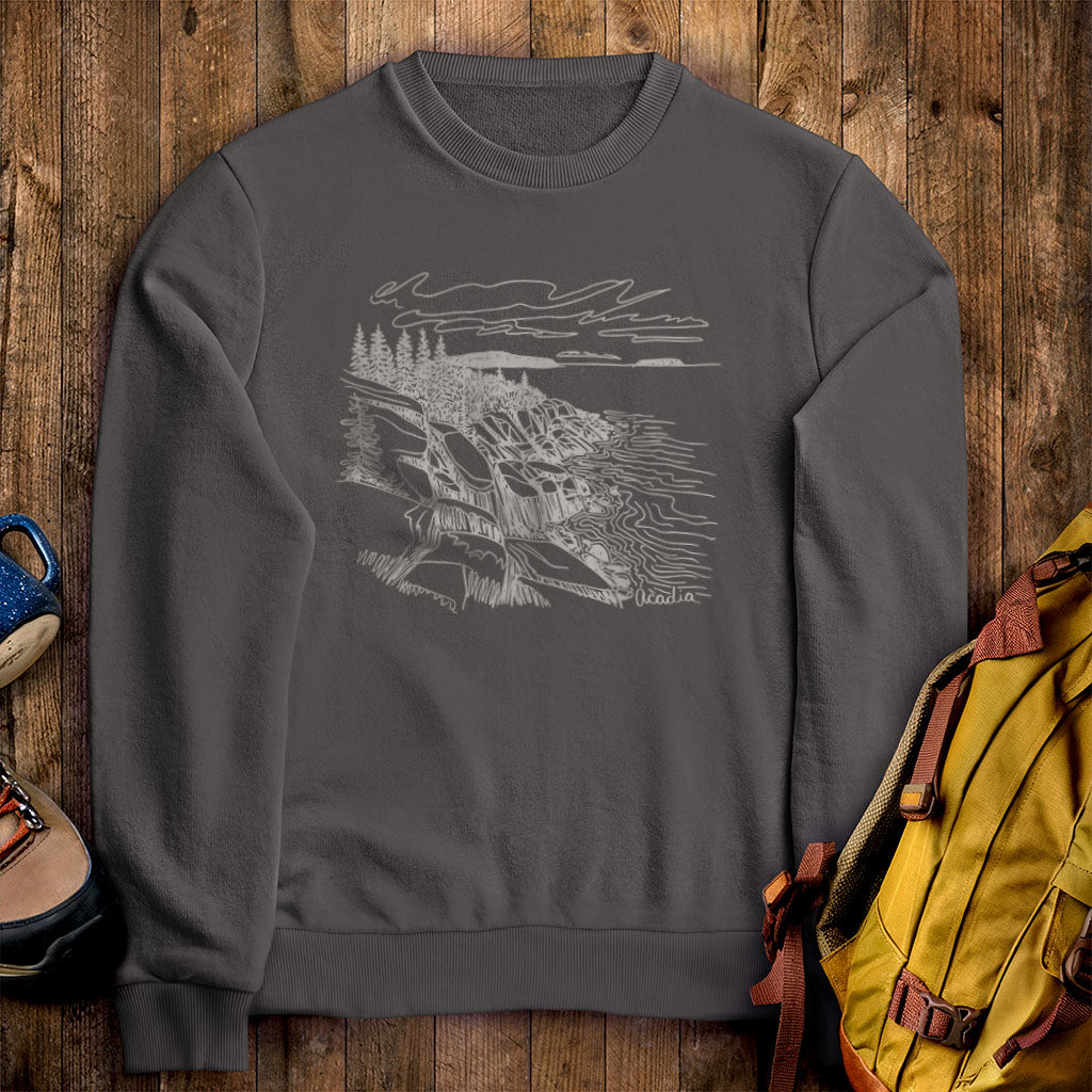Acadia Line Drawing Crewneck Sweatshirt Charcoal Adventure and Outdoors Themed Sweatshirt